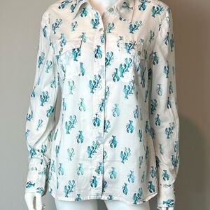 Tory Burch White and Teal Lobster Button-Down Shirt